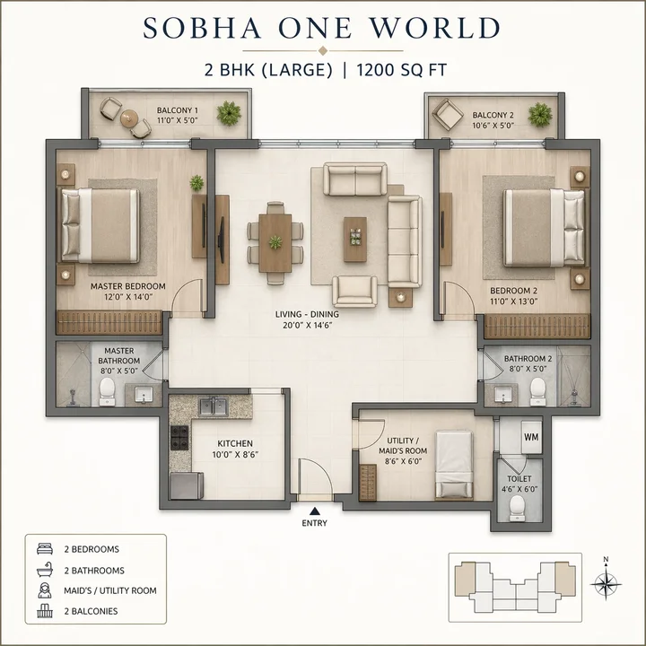 2 BHK large 1200 sq. ft. floor plan