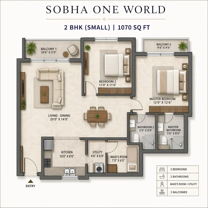 2 BHK small 1070 sq. ft. floor plan