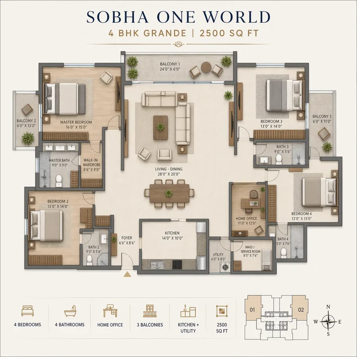 4 BHK Grande 2500 sq. ft. floor plan