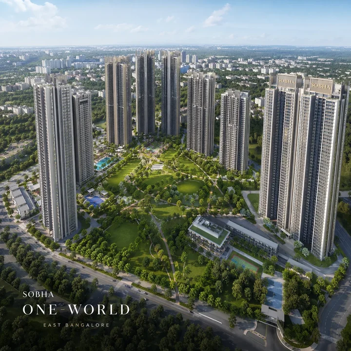 Sobha One World aerial view showing towers and central greens