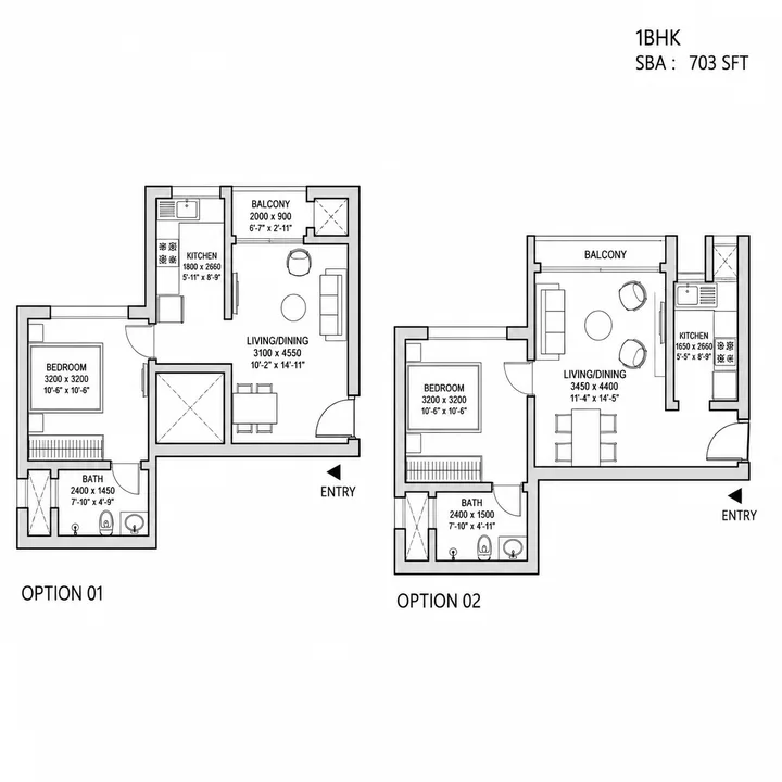 1 BHK 734 sq.ft. floor plan