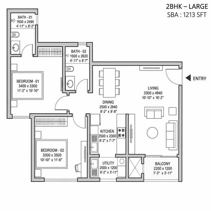 2 BHK large 1204 sq.ft. floor plan