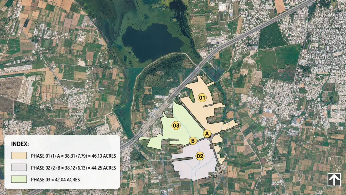 Sobha OneWorld key plan satellite context map showing phase boundaries and surrounding roads at Hoskote